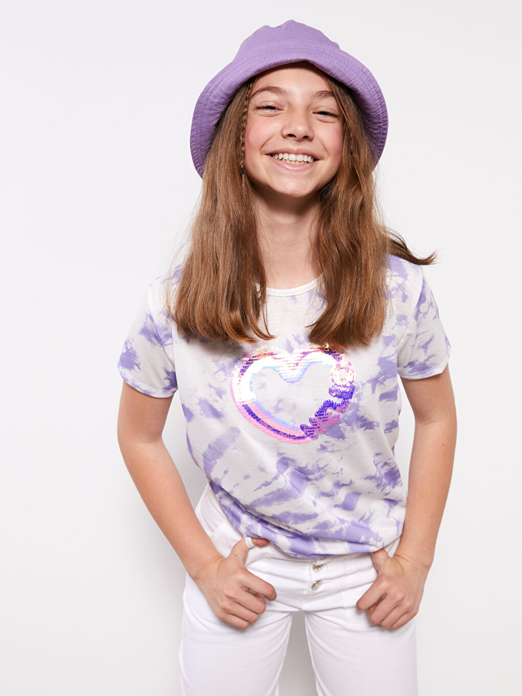 Тениска за момичета с кръгло деколте, двустранни пайети и къс ръкав-2