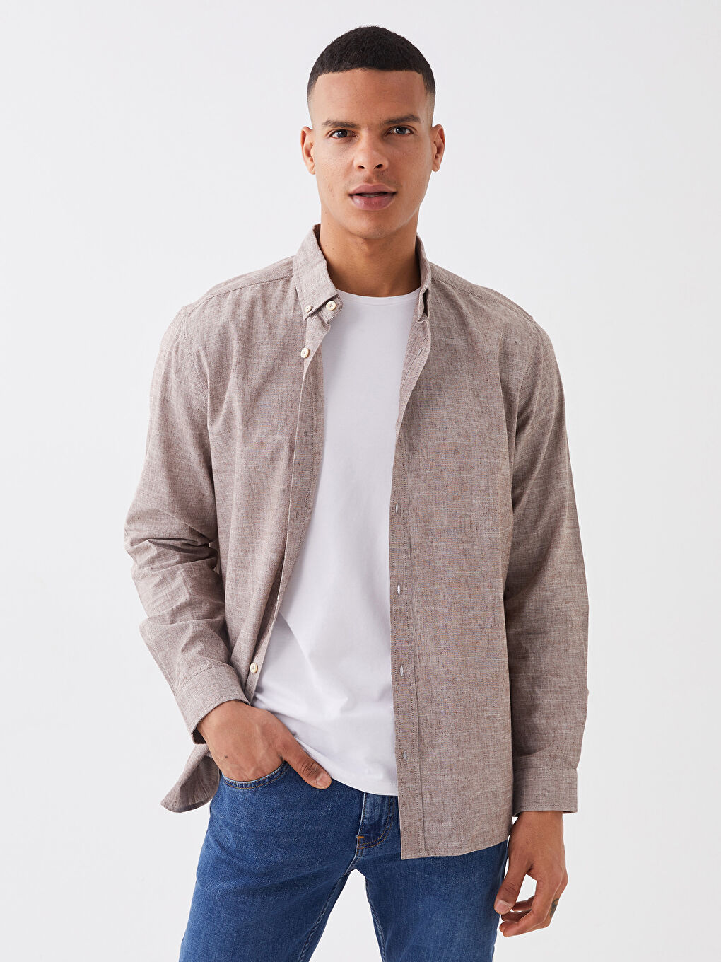 ерлерге арналған зығыр қоспасы стандартты пішім ұзын жең жейде-1