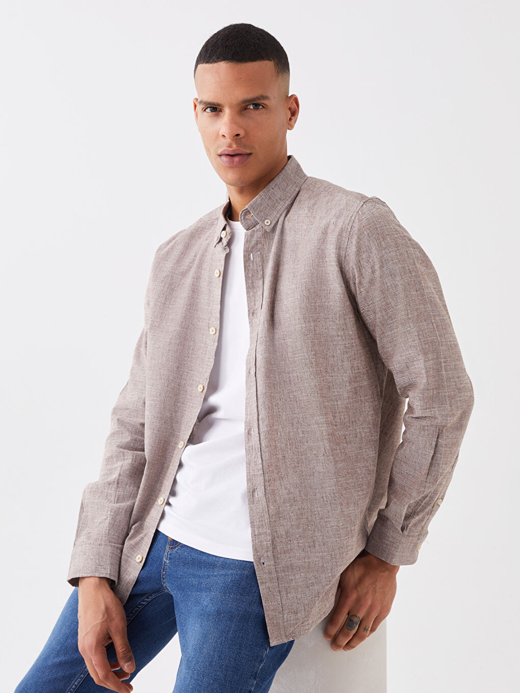 ерлерге арналған зығыр қоспасы стандартты пішім ұзын жең жейде-2