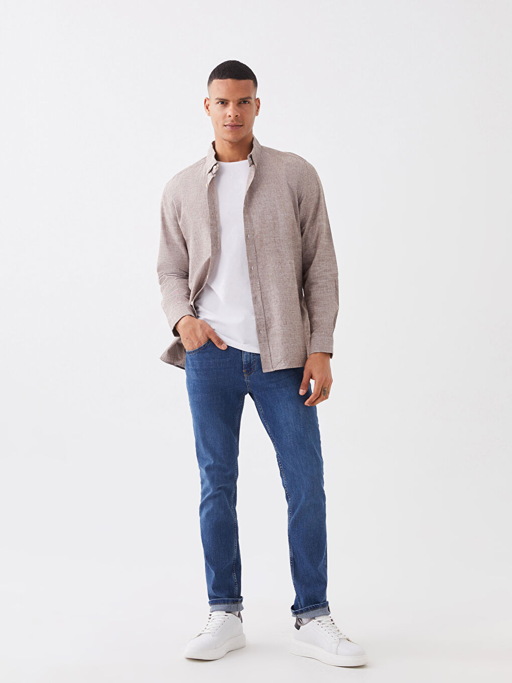 ерлерге арналған зығыр қоспасы стандартты пішім ұзын жең жейде-3