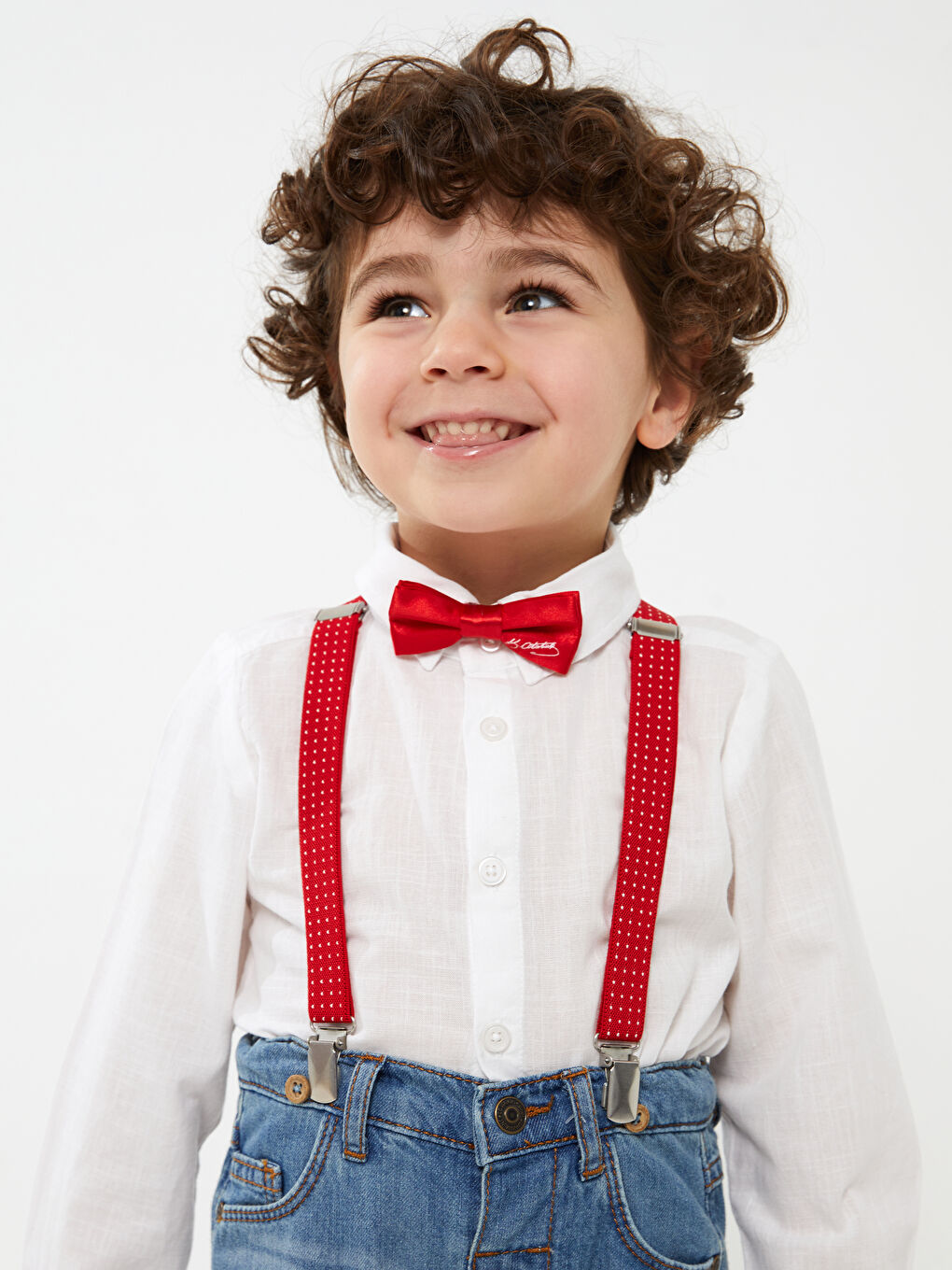 Kırmızı Atatürk İmza Baskılı Erkek Bebek Pantolon Askısı ve Papyon