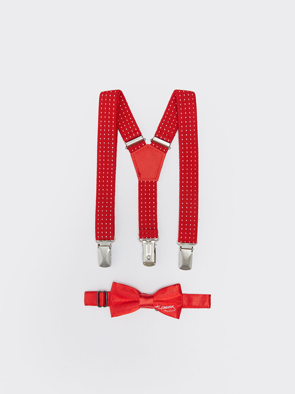 Kırmızı Atatürk İmza Baskılı Erkek Bebek Pantolon Askısı ve Papyon-4