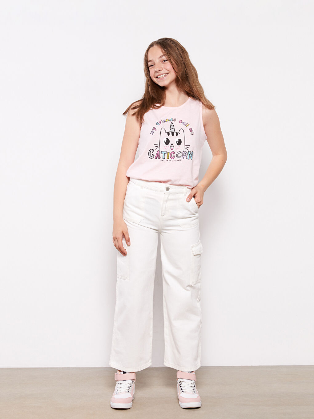 Beyaz Wideleg Kız Çocuk Jean Pantolon-1