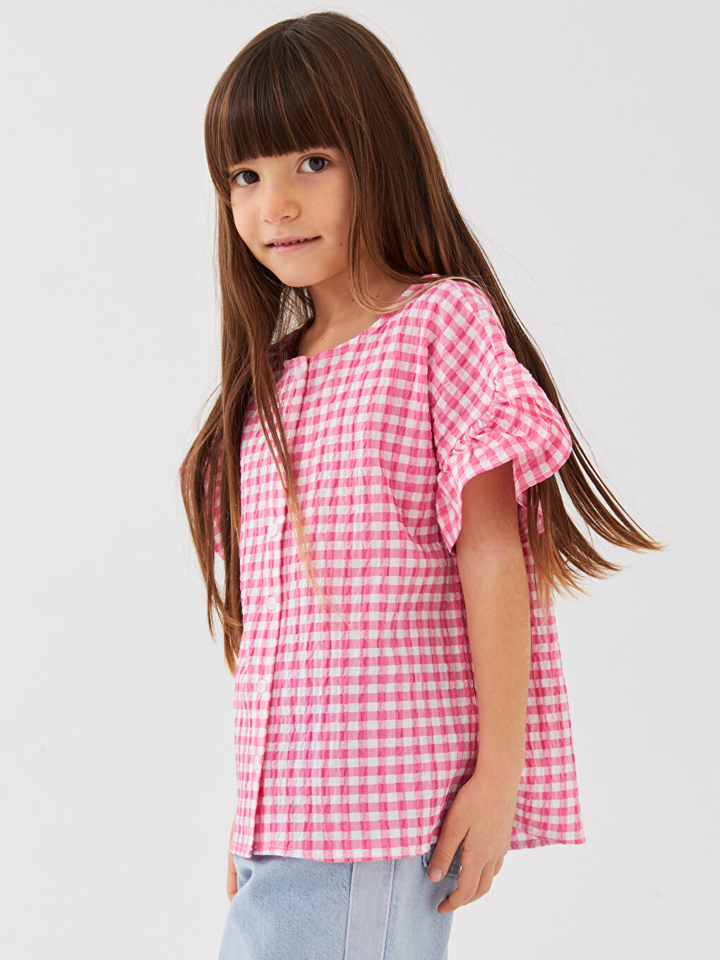 LCW Kids Crew Neck Plaid Short Sleeve Girl's Shirt -S37638Z4-LNQ
