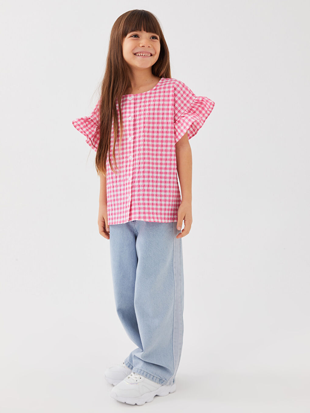 LCW Kids Crew Neck Plaid Short Sleeve Girl's Shirt -S37638Z4-LNQ