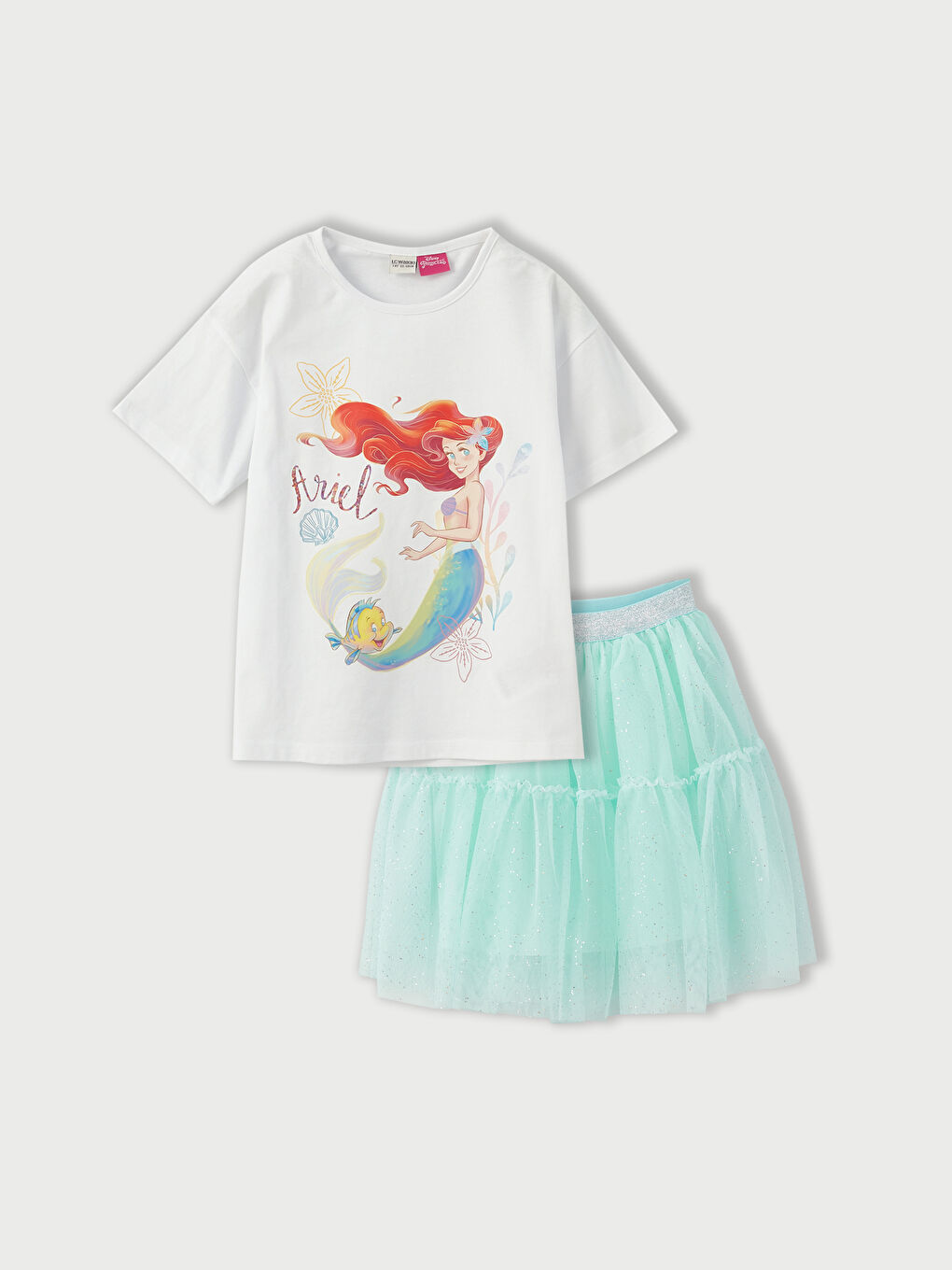 Crew Neck Disney Princess Printed Short Sleeve Girl's T-Shirt and Skirt