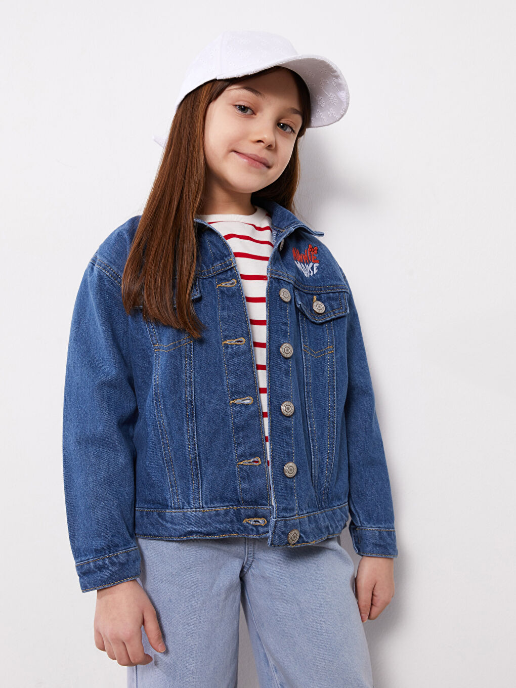 Қыздарға арналған минни маус принтті жағалы мойын джинс күртеше-1