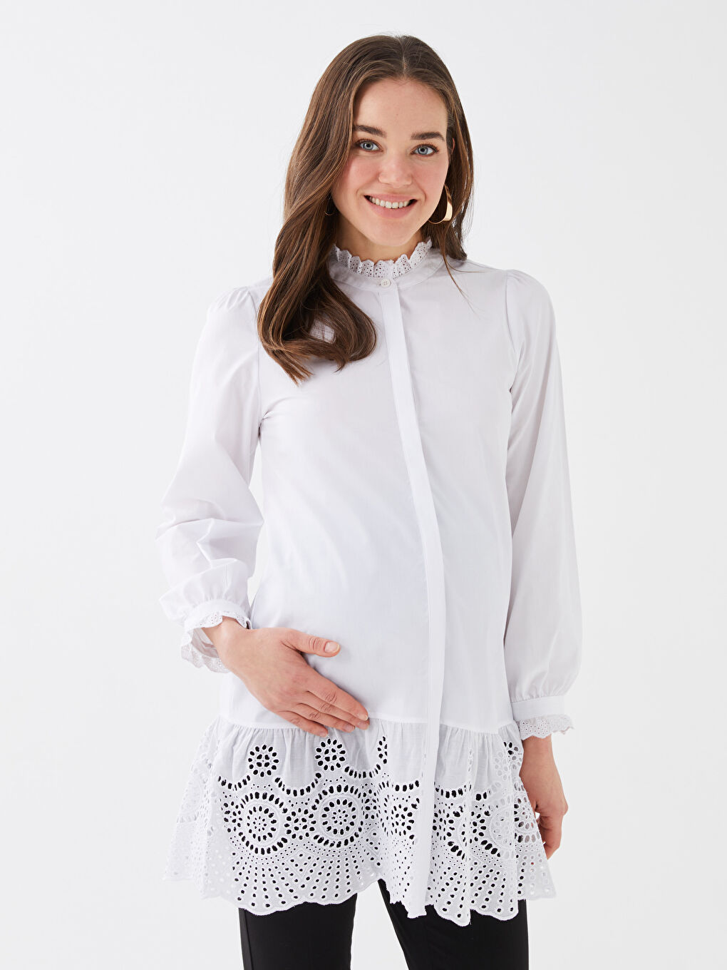 Grandad Collar Embroidered Long Sleeve Maternity Tunic -S37741Z8-E5X