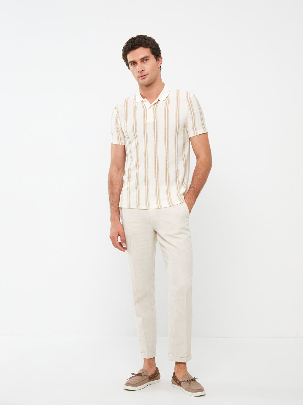 Ekru Polo Yaka Kısa Kollu Çizgili Keten Karışımlı Erkek Tişört-2