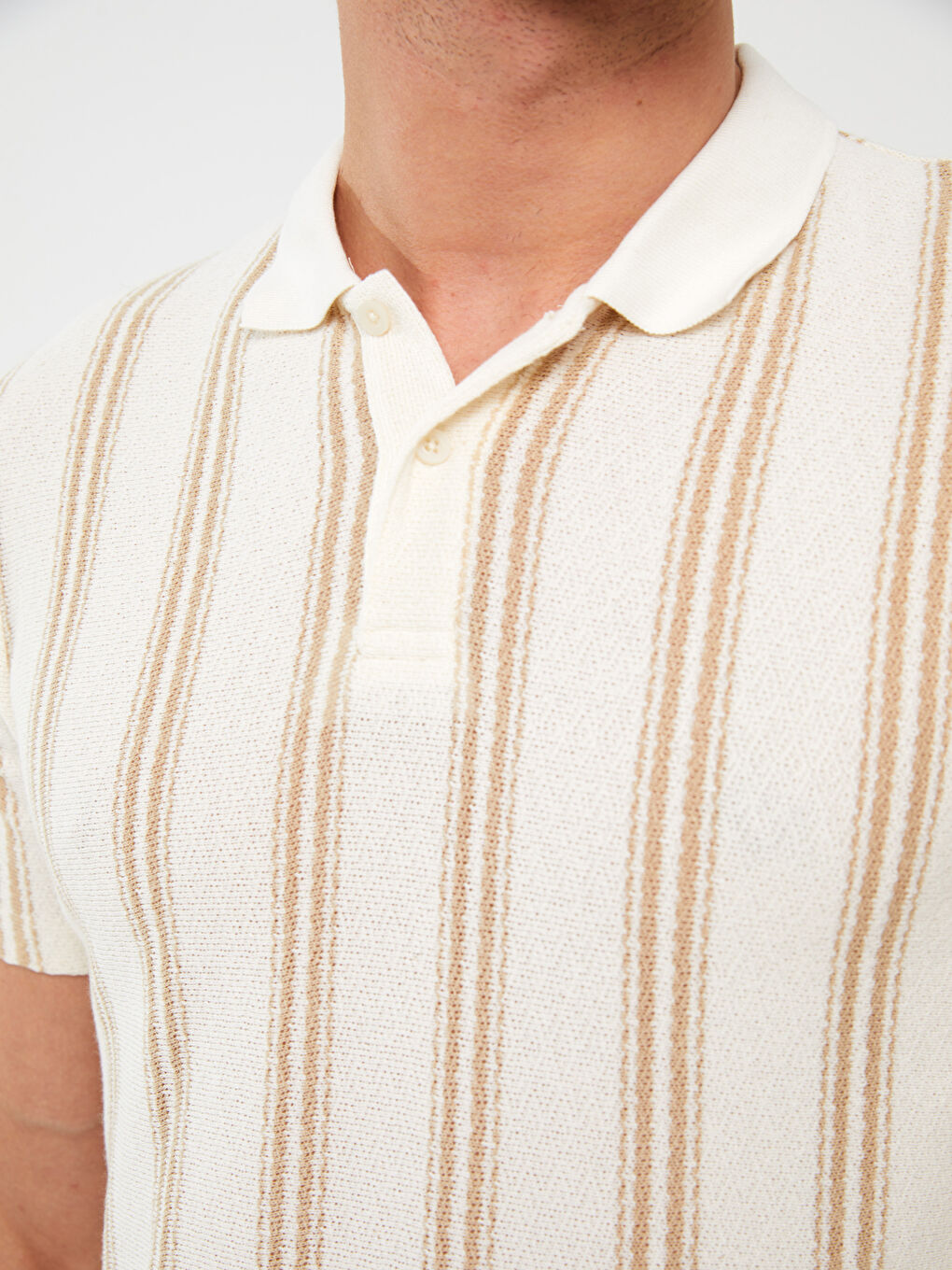 Ekru Polo Yaka Kısa Kollu Çizgili Keten Karışımlı Erkek Tişört-3