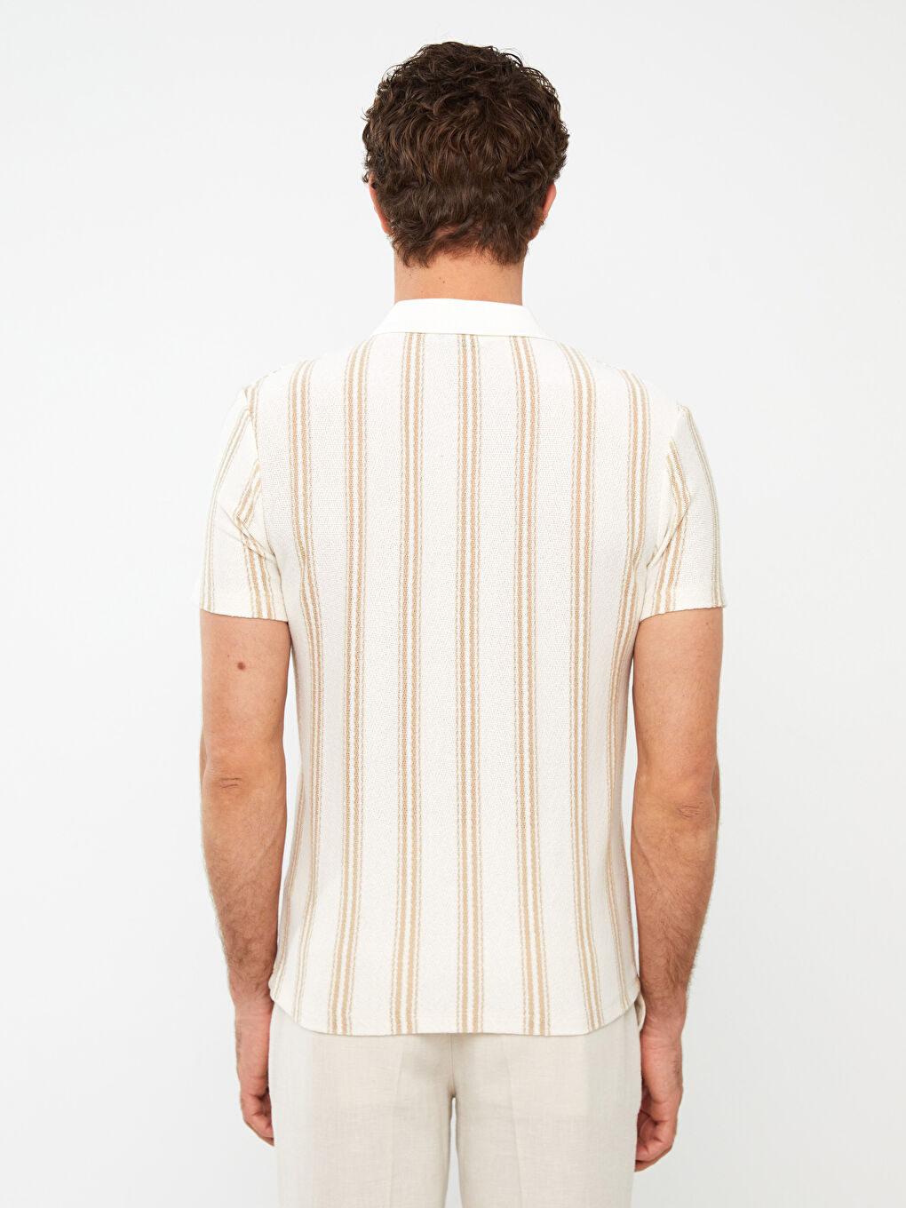 Ekru Polo Yaka Kısa Kollu Çizgili Keten Karışımlı Erkek Tişört-4