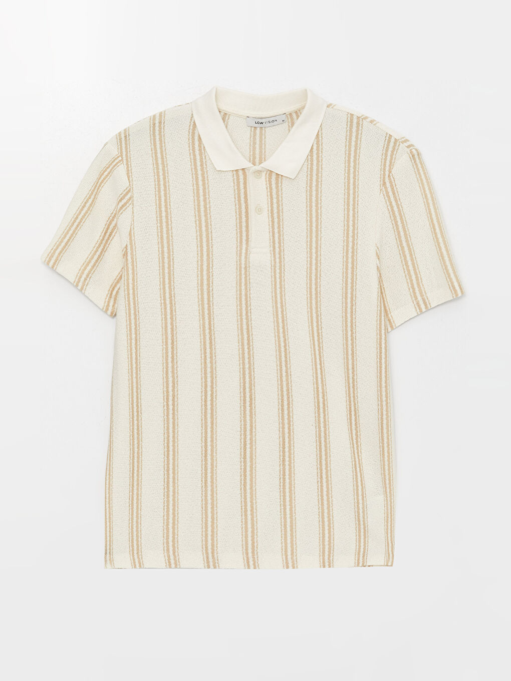 Ekru Polo Yaka Kısa Kollu Çizgili Keten Karışımlı Erkek Tişört-5