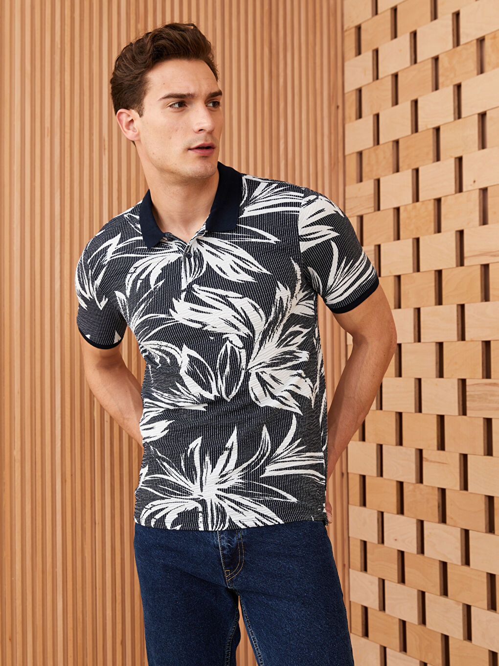 İndigo Polo Yaka Kısa Kollu Desenli Erkek Tişört-1