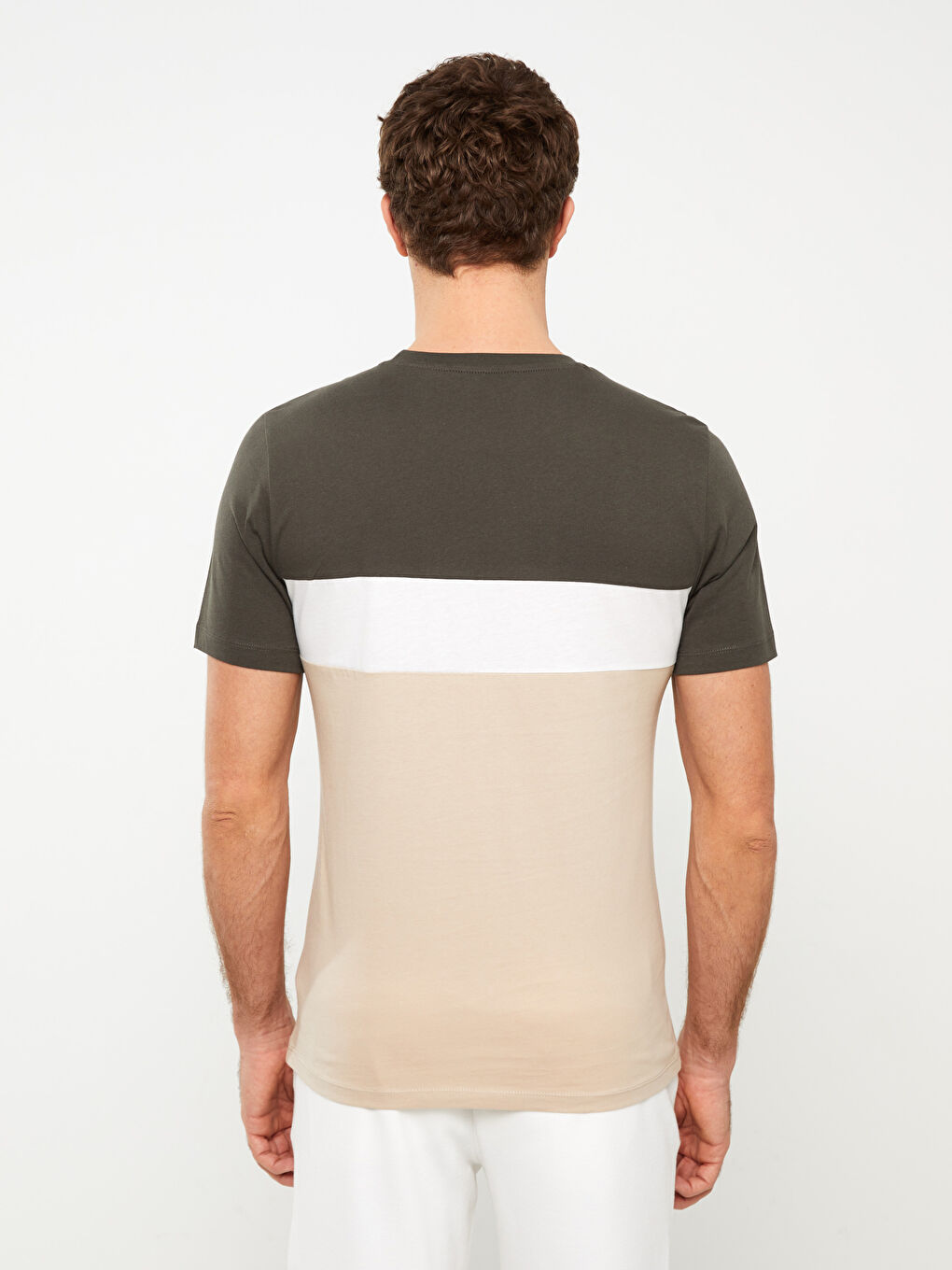 Haki Bisiklet Yaka Kısa Kollu Renk Bloklu Penye Erkek Tişört-4