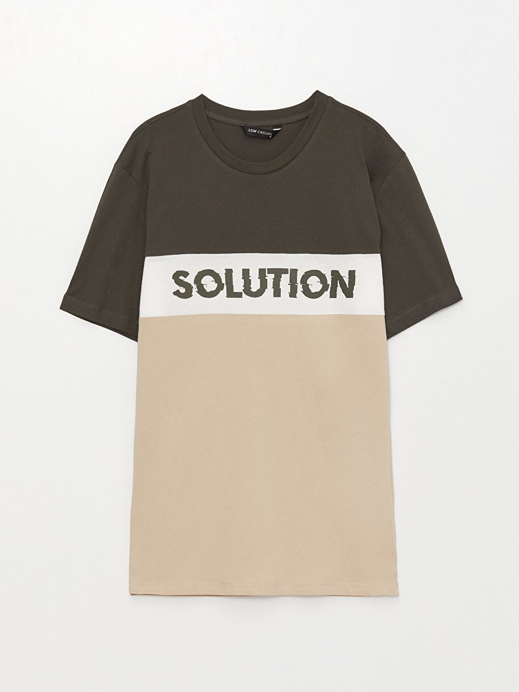 Haki Bisiklet Yaka Kısa Kollu Renk Bloklu Penye Erkek Tişört-5