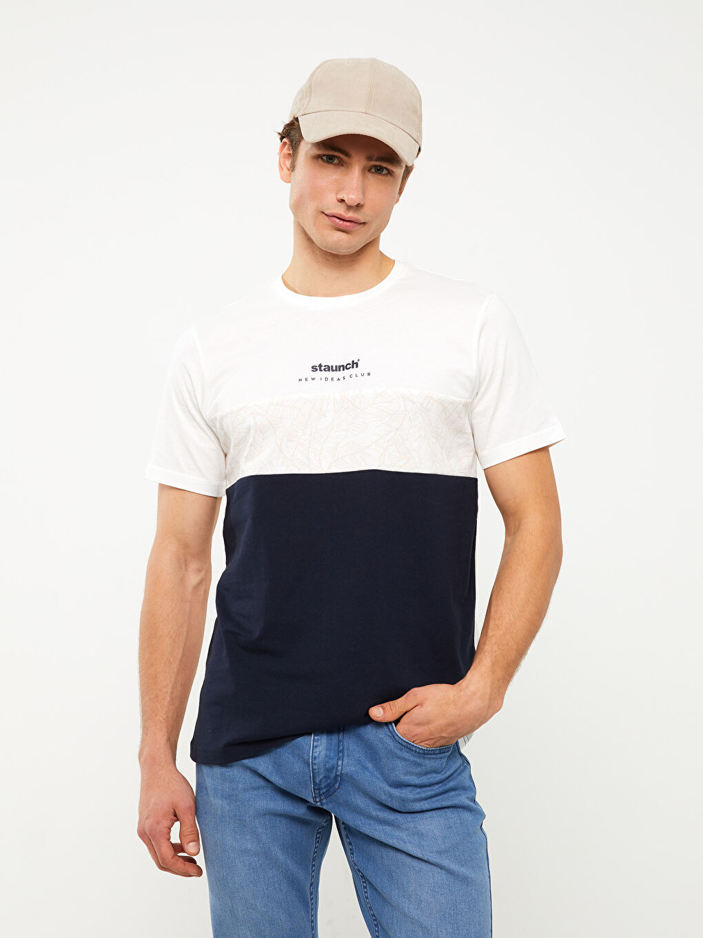 Ekru Bisiklet Yaka Kısa Kollu Renk Bloklu Penye Erkek Tişört