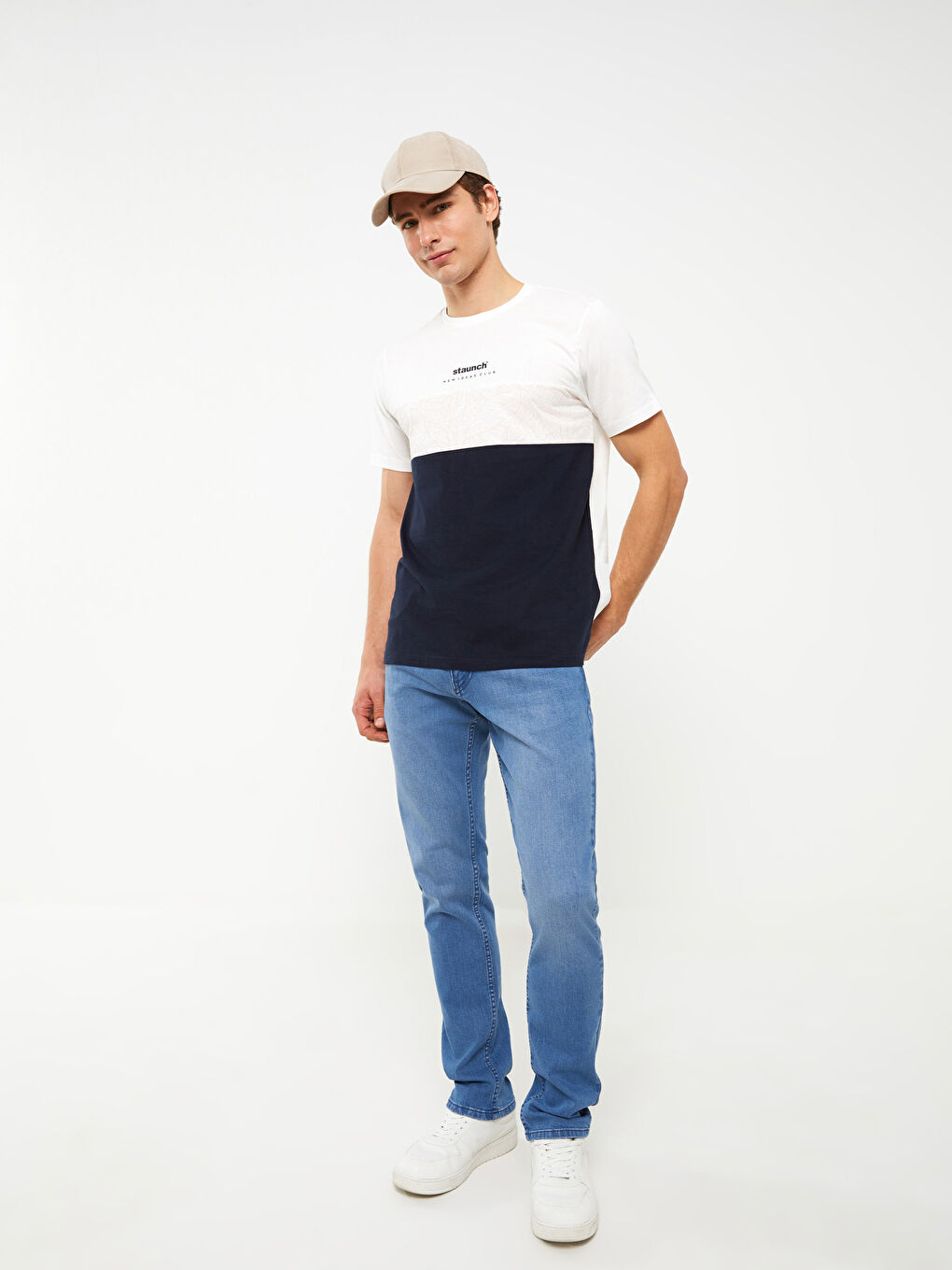 Ekru Bisiklet Yaka Kısa Kollu Renk Bloklu Penye Erkek Tişört-1