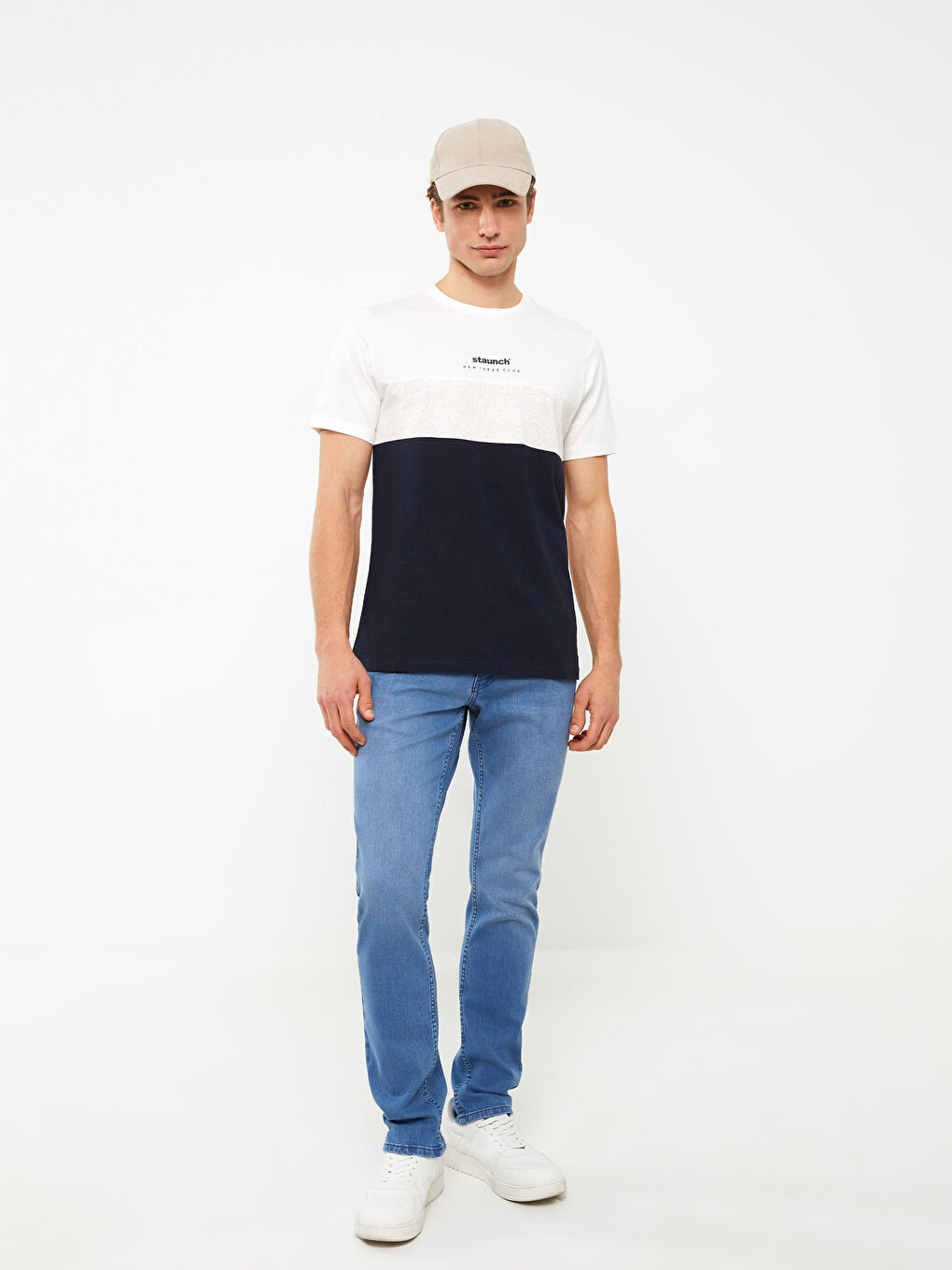 Ekru Bisiklet Yaka Kısa Kollu Renk Bloklu Penye Erkek Tişört-2