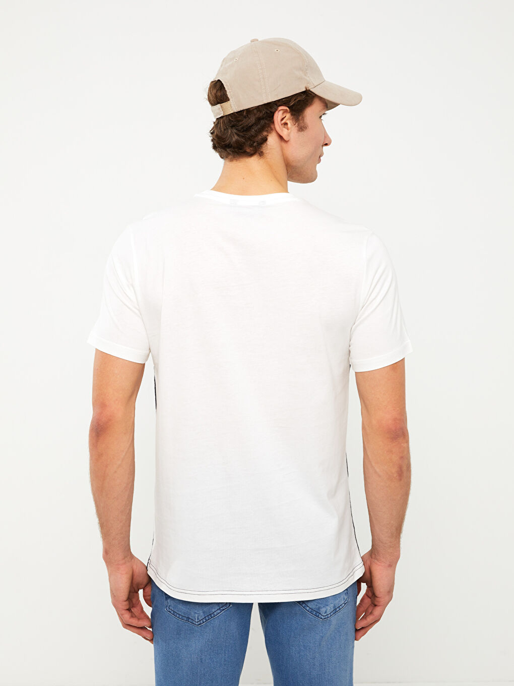 Ekru Bisiklet Yaka Kısa Kollu Renk Bloklu Penye Erkek Tişört-4