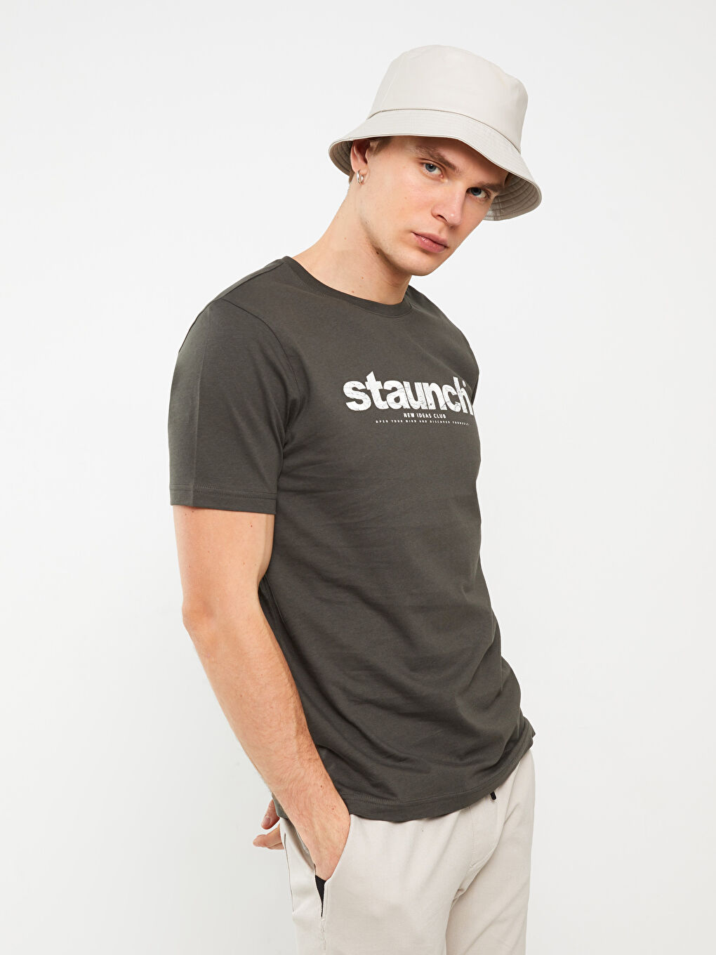 Haki Bisiklet Yaka Kısa Kollu Baskılı Penye Erkek Tişört-1