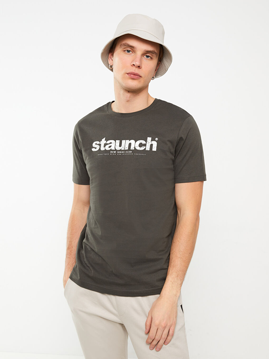 Haki Bisiklet Yaka Kısa Kollu Baskılı Penye Erkek Tişört-2