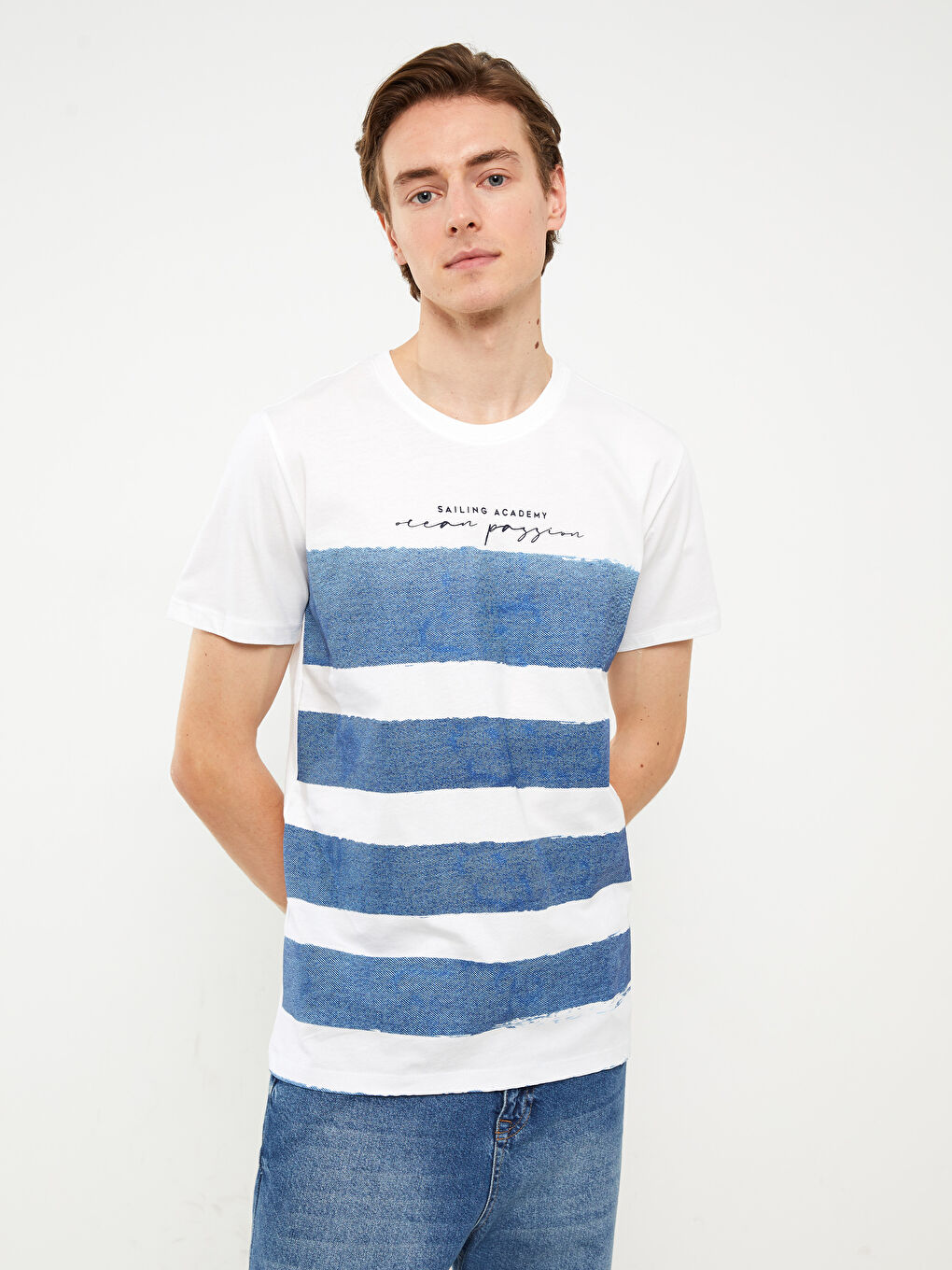 تيشيرت رجالي ياقة دائرية كم قصير مطبوع قطن ممشط