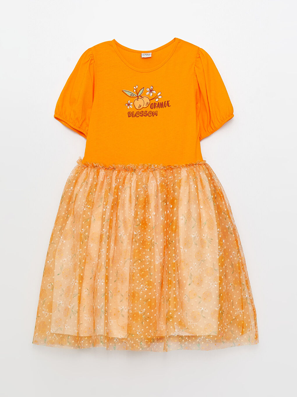 Turuncu Bisiklet Yaka Baskılı Kısa Kollu Kız Çocuk Elbise