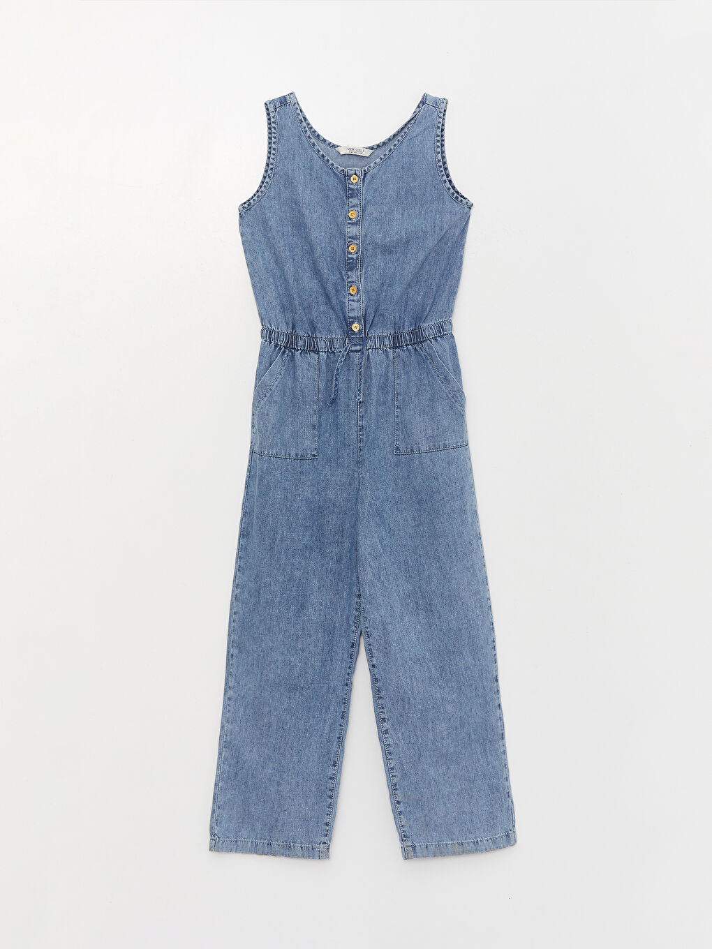 Salopetă Basic Din Denim Pentru Fete, Cu Guler Rotund