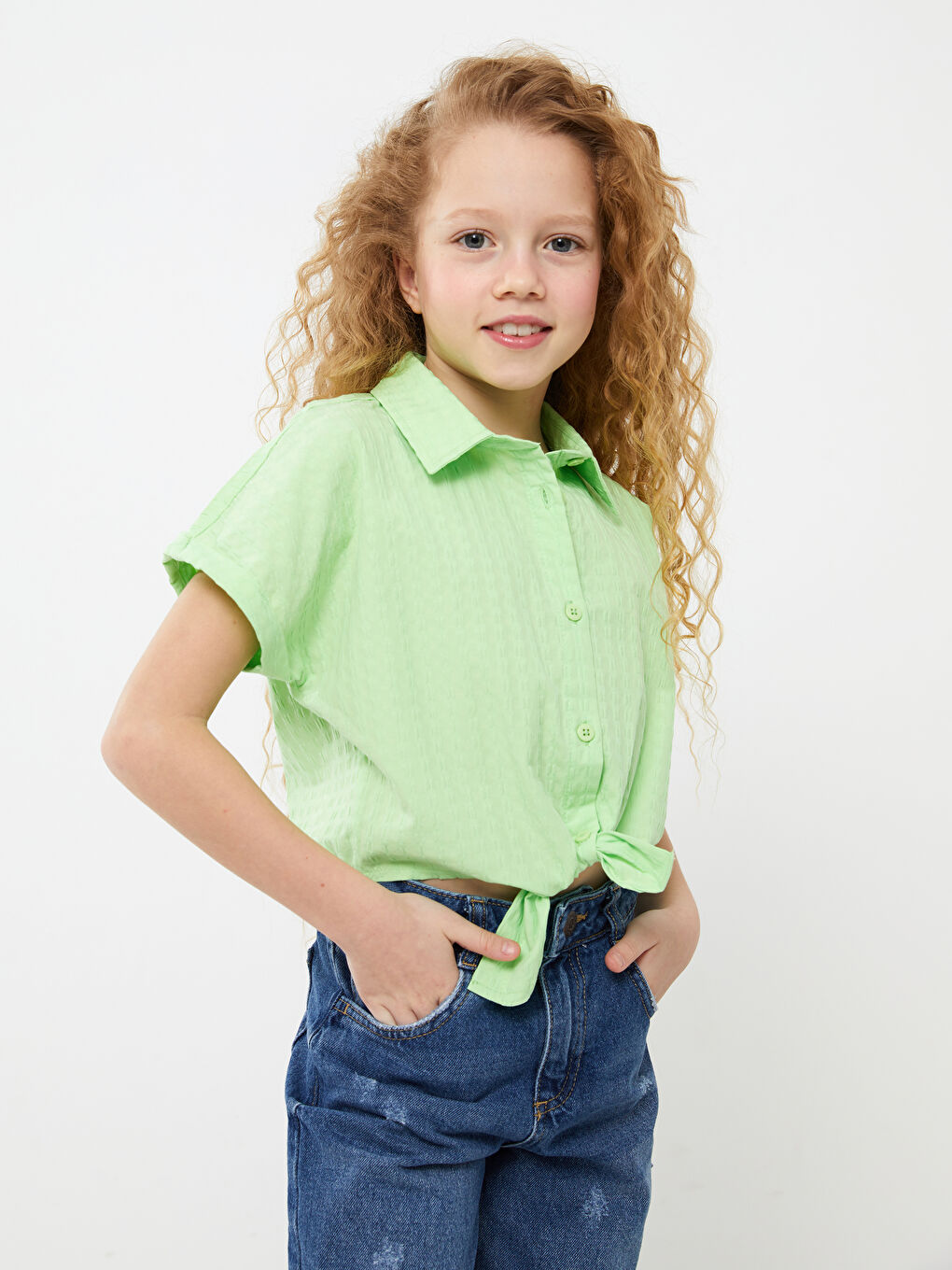 Yeşil Bisiklet Yaka Kısa Kollu Kız Çocuk Gömlek-1