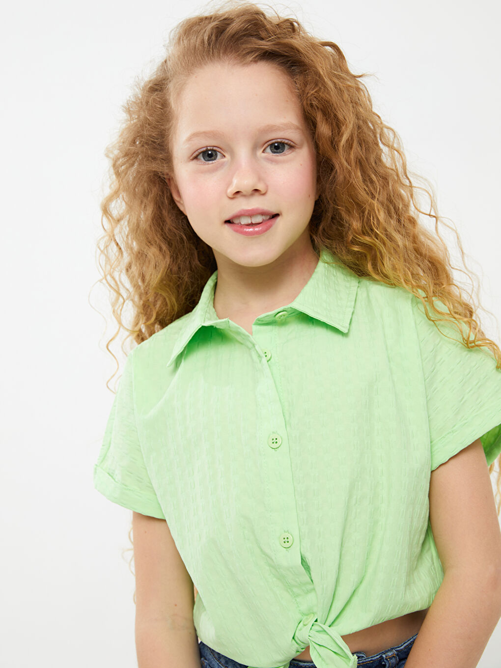 Yeşil Bisiklet Yaka Kısa Kollu Kız Çocuk Gömlek-2