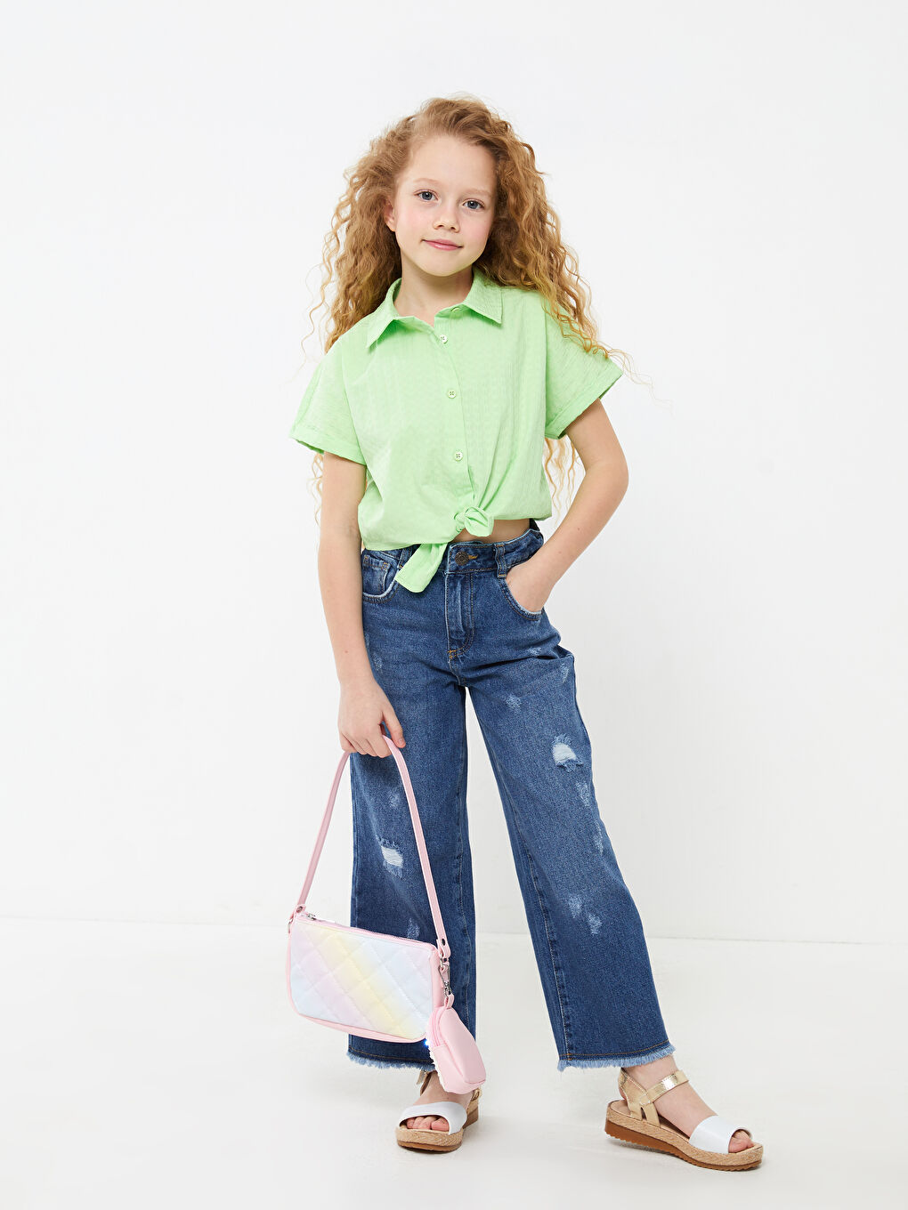 Yeşil Bisiklet Yaka Kısa Kollu Kız Çocuk Gömlek-3