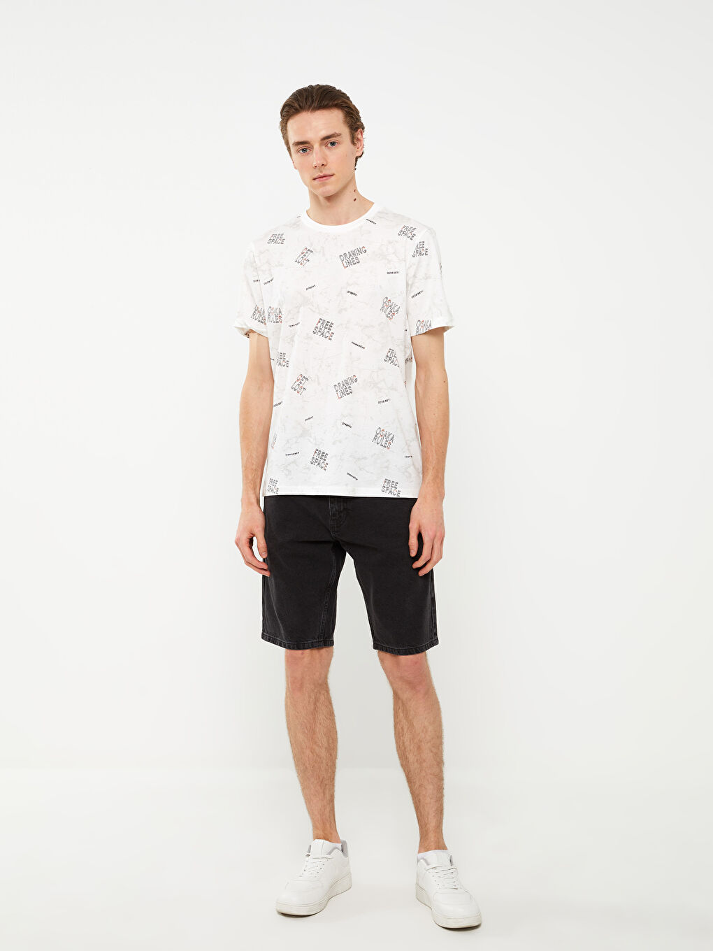 Beyaz Bisiklet Yaka Kısa Kollu Baskılı Penye Erkek Tişört-2