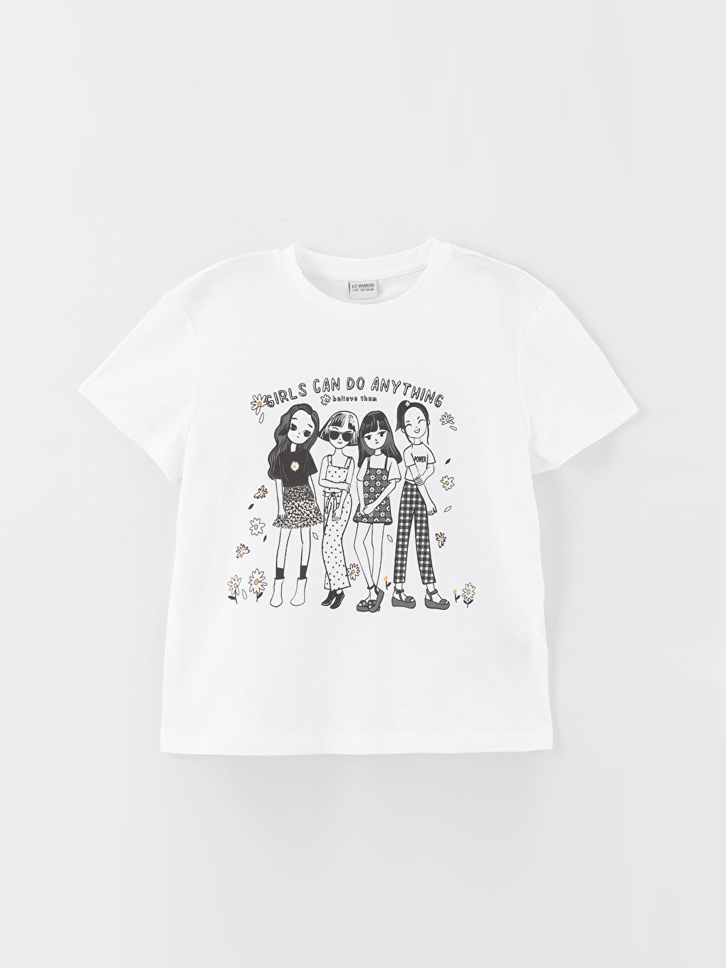 Beyaz Bisiklet Yaka Baskılı Kısa Kollu Kız Çocuk Tişört ve Şort-1