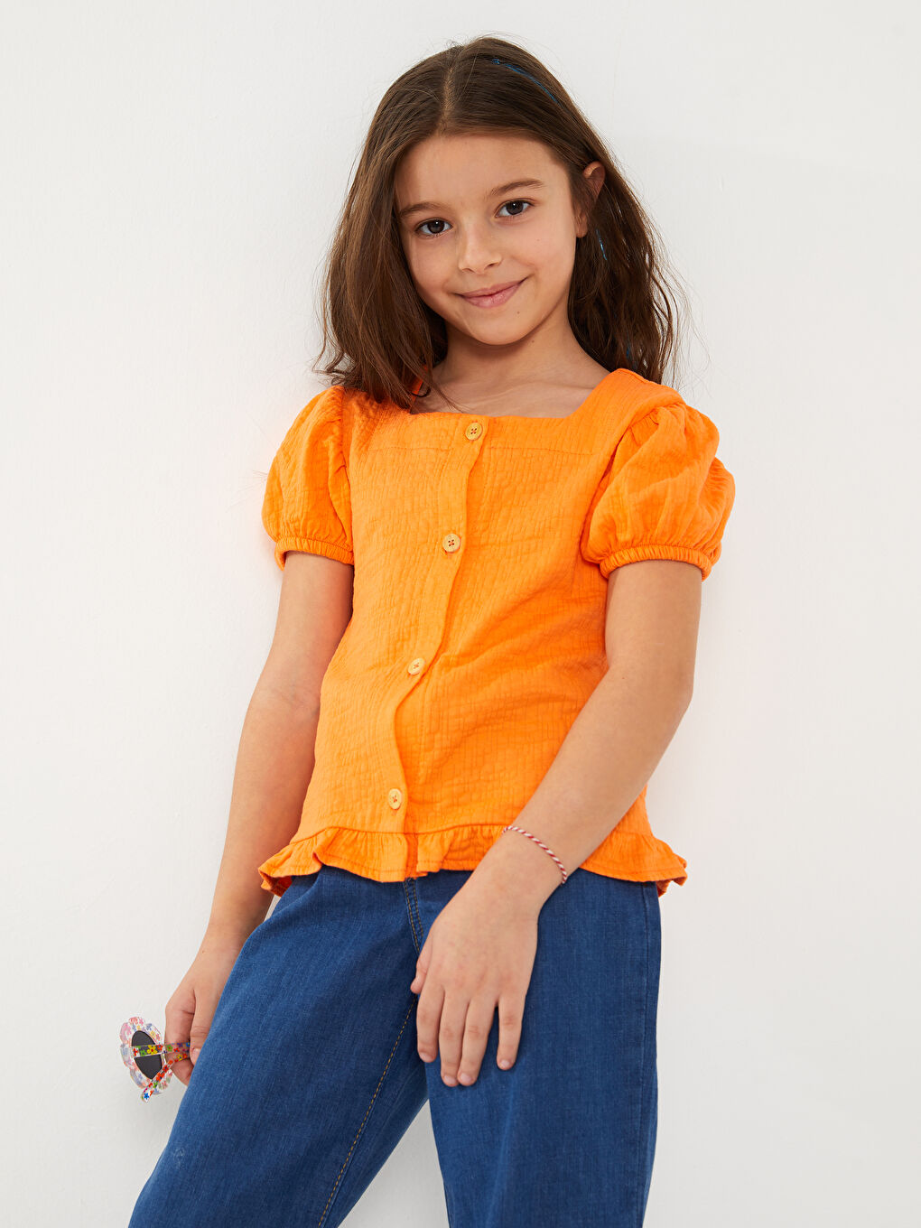 Square Collar Short Sleeve Girls' T-Shirt -S37970Z4-GBE