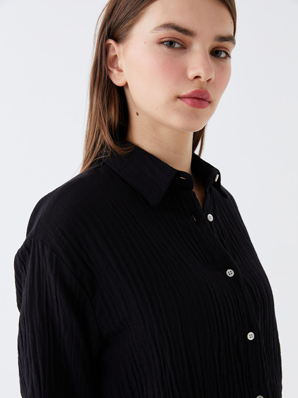Plain Long Sleeve Women's Muslin Shirt-1