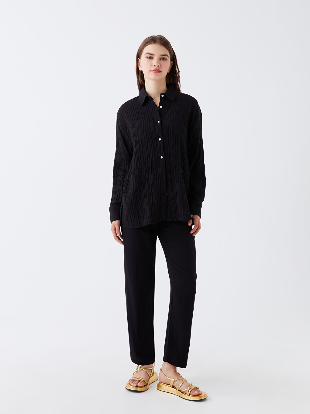 Plain Long Sleeve Women's Muslin Shirt-2
