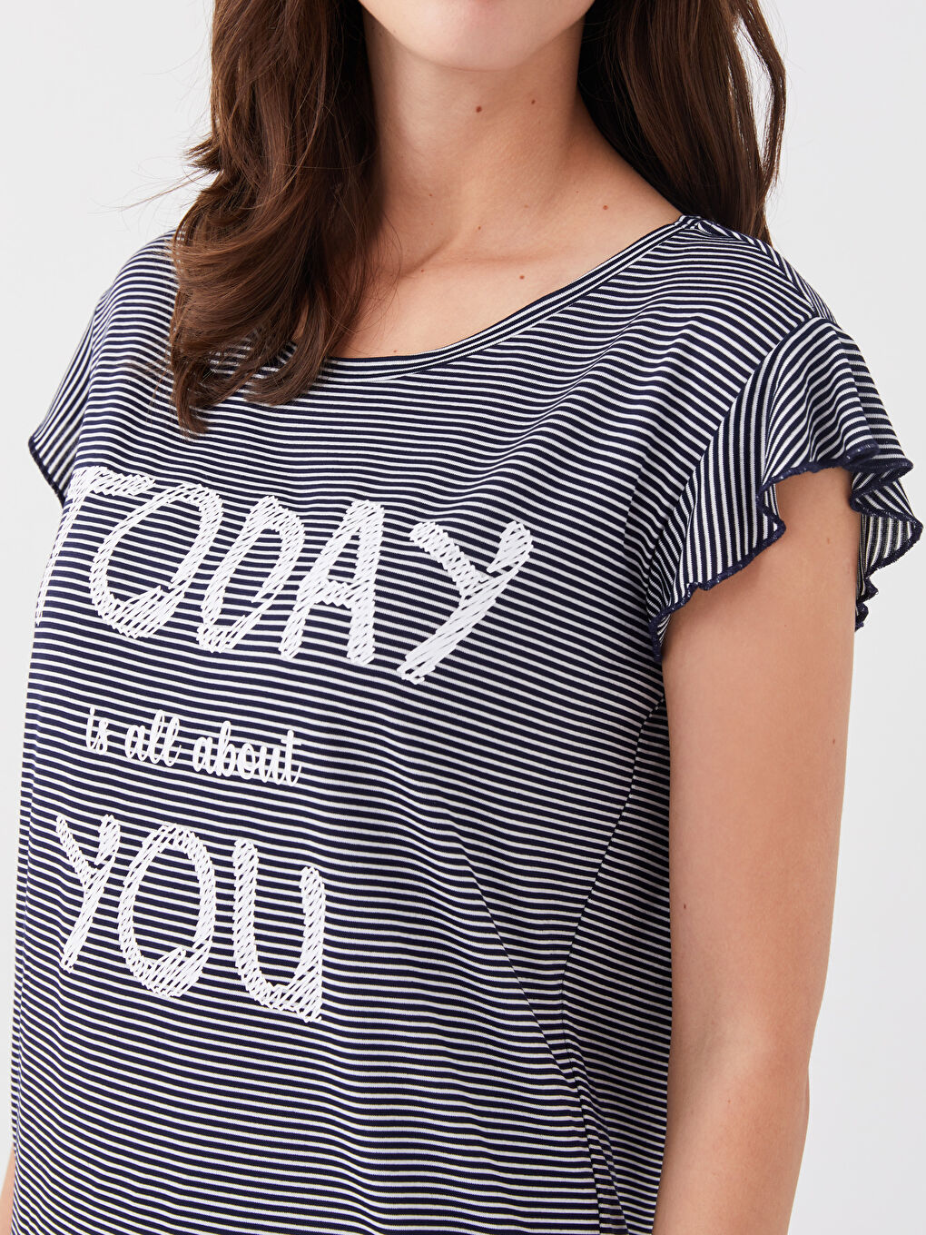 Set de pijama cu guler rotund, vărgat, mânecă scurtă, pentru femei-2