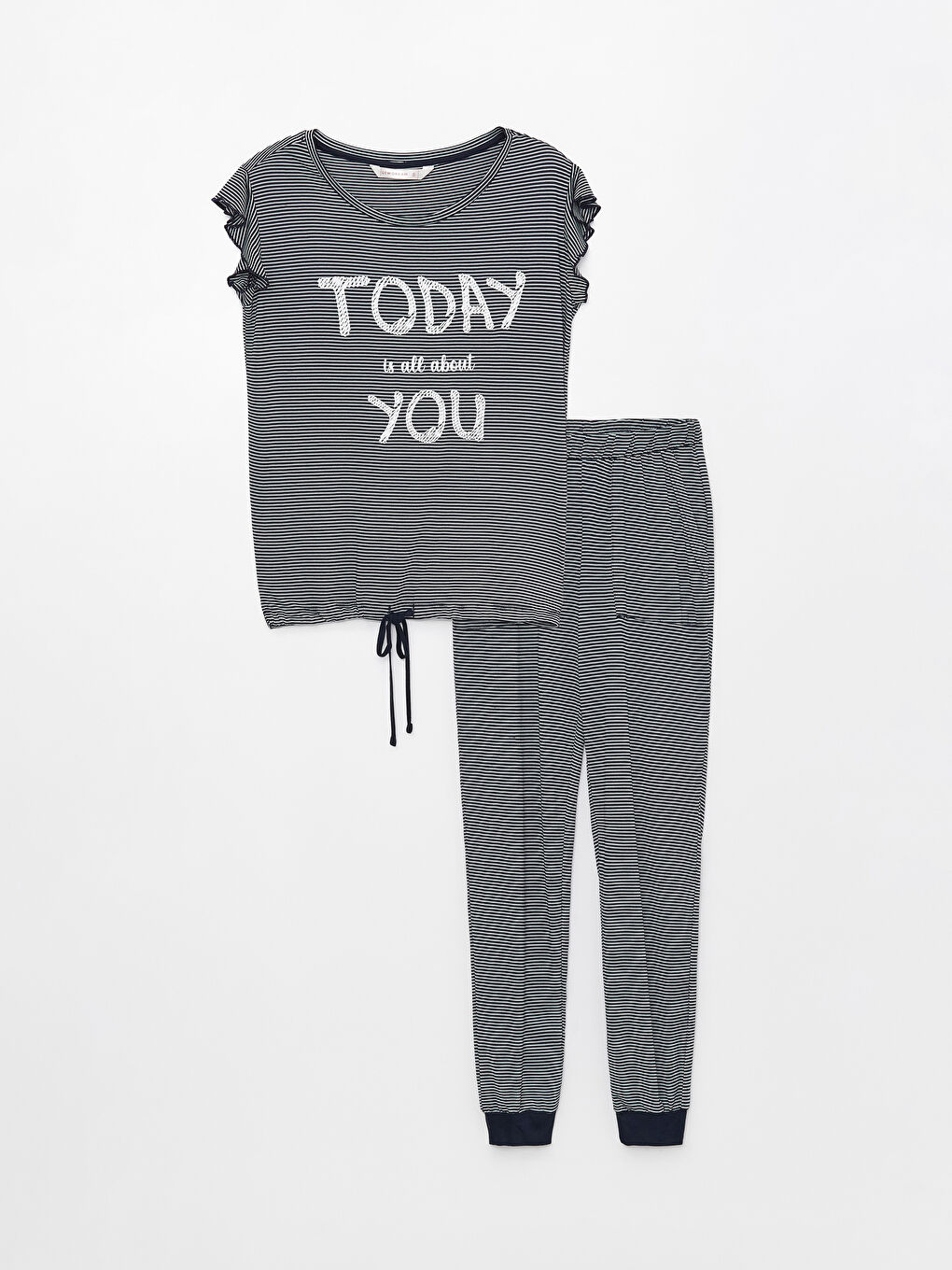 Set de pijama cu guler rotund, vărgat, mânecă scurtă, pentru femei-4