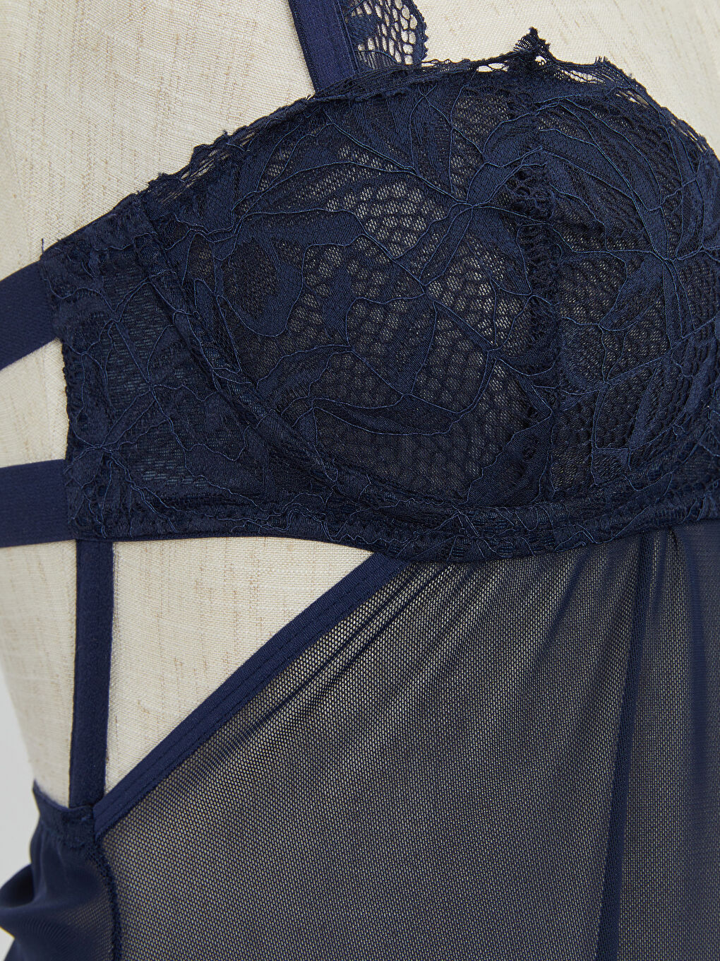 Lacivert Dolgusuz Dantel Detaylı Babydoll-2