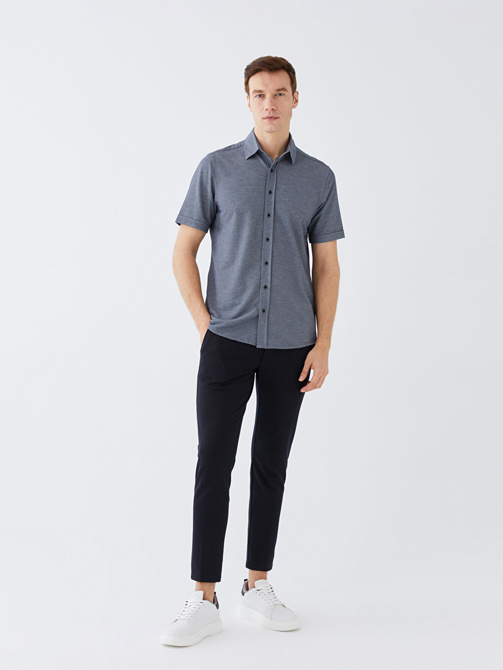 Lacivert Regular Fit Kısa Kollu Erkek Gömlek-1