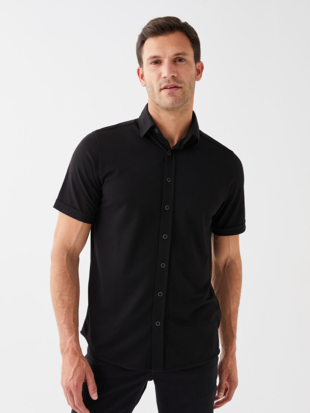 Siyah Regular Fit Kısa Kollu Erkek Gömlek-1