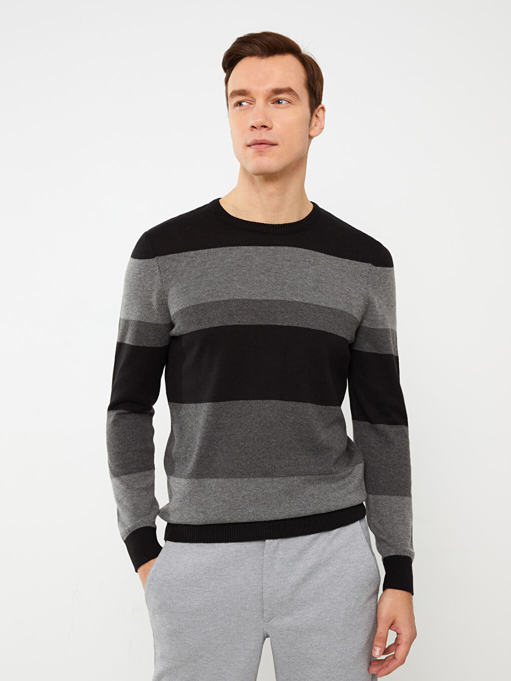 Пуловер с кръгло деколте, дълъг ръкав, цветен блок, за мъже, трикотаж-1