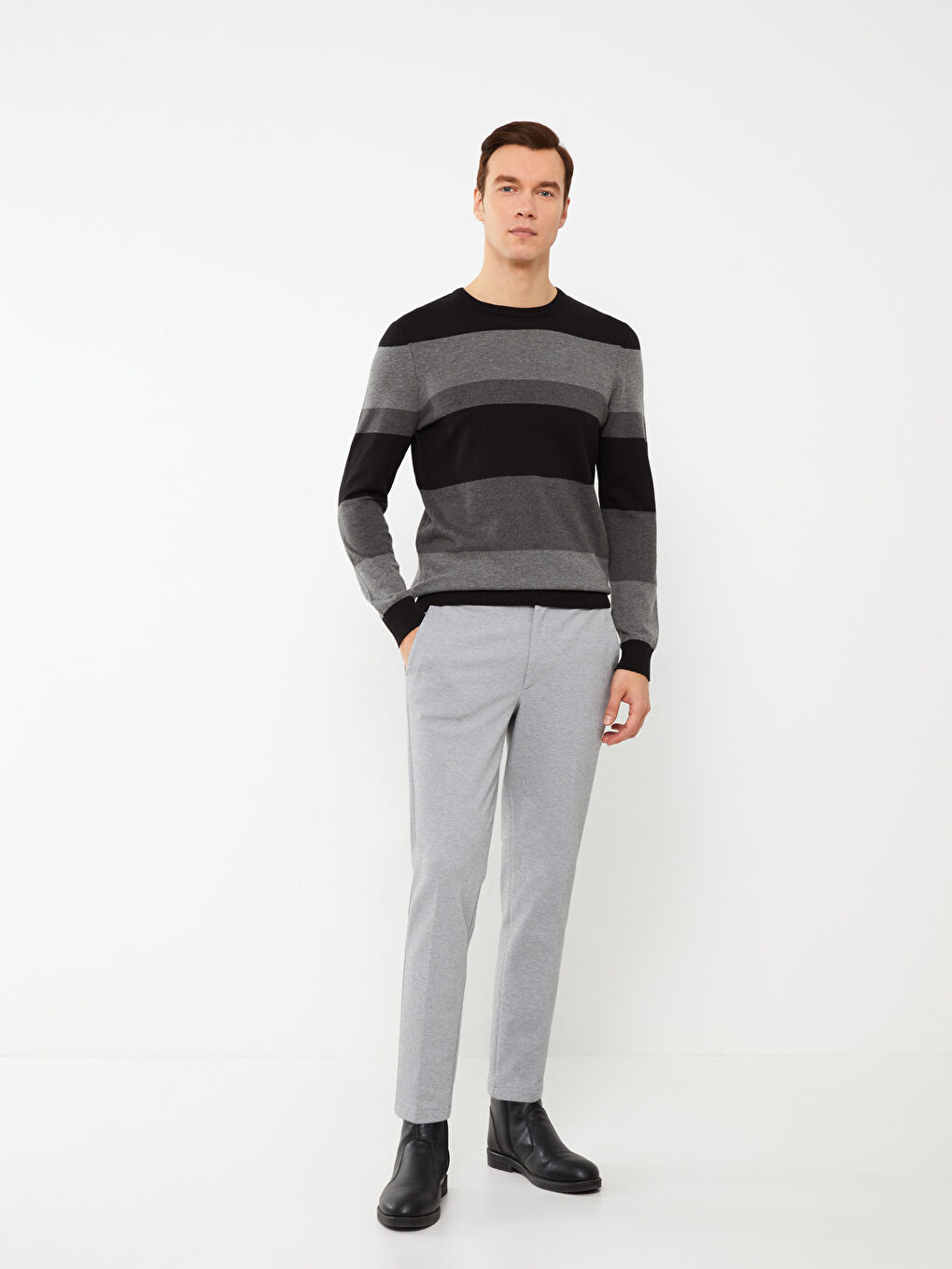 Пуловер с кръгло деколте, дълъг ръкав, цветен блок, за мъже, трикотаж-2