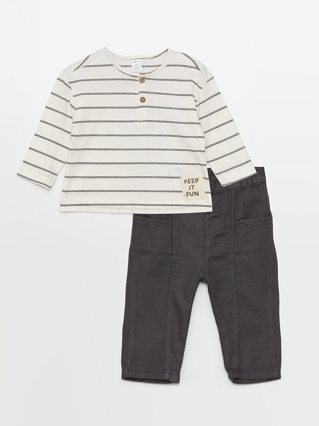 تيشيرت كم طويل مخطط بياقة دائرية وبنطلون طقم 2 قطع للأولاد الرضع