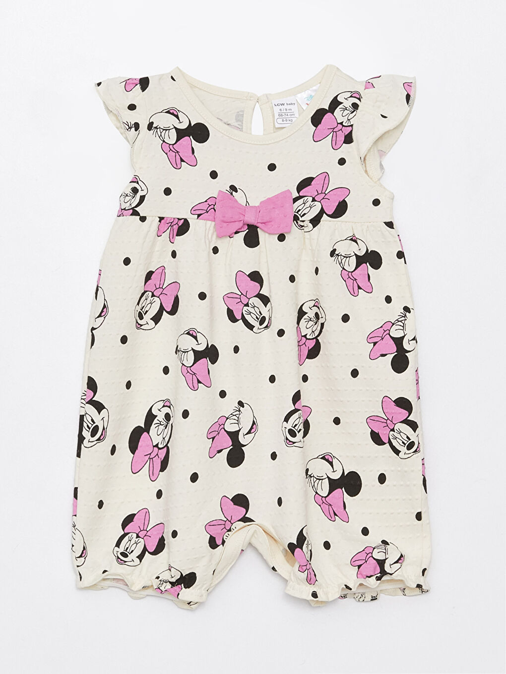 Ekru Bisiklet Yaka Uzun Kollu Minnie Mouse Baskılı Kız Bebek Tulum