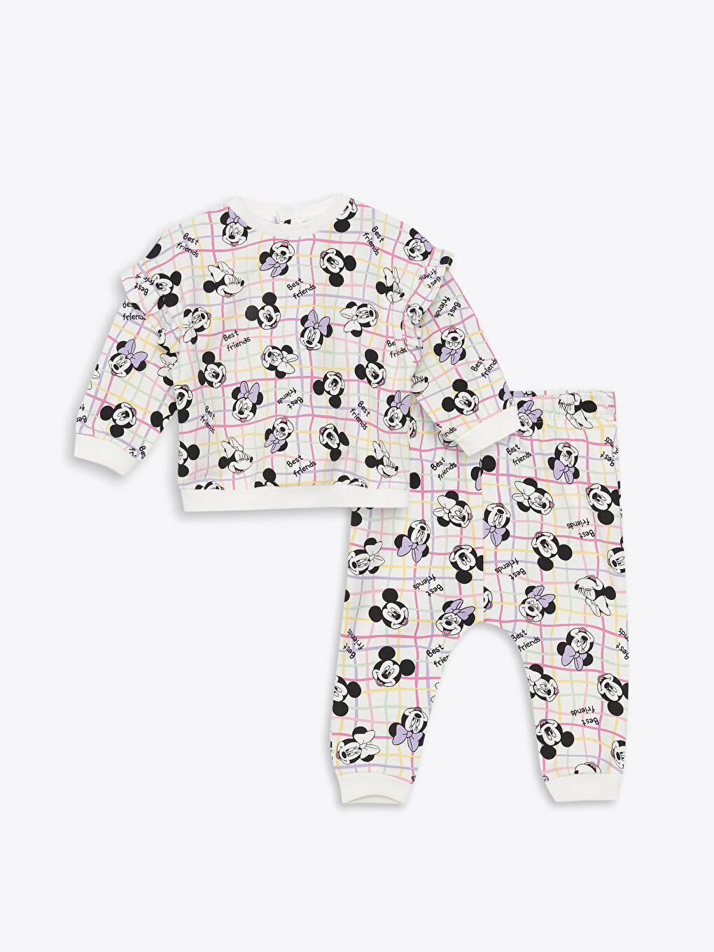 Ekru Bisiklet Yaka Uzun Kollu Minnie ve Mickey Mouse Baskılı Kız Bebek Sweatshirt ve Pantolon 2'li Takım