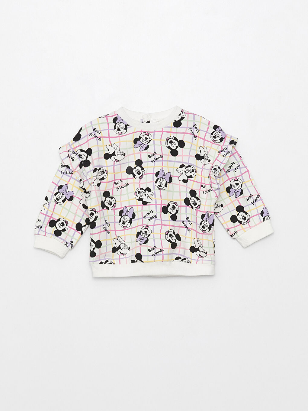 Ekru Bisiklet Yaka Uzun Kollu Minnie ve Mickey Mouse Baskılı Kız Bebek Sweatshirt ve Pantolon 2'li Takım-1