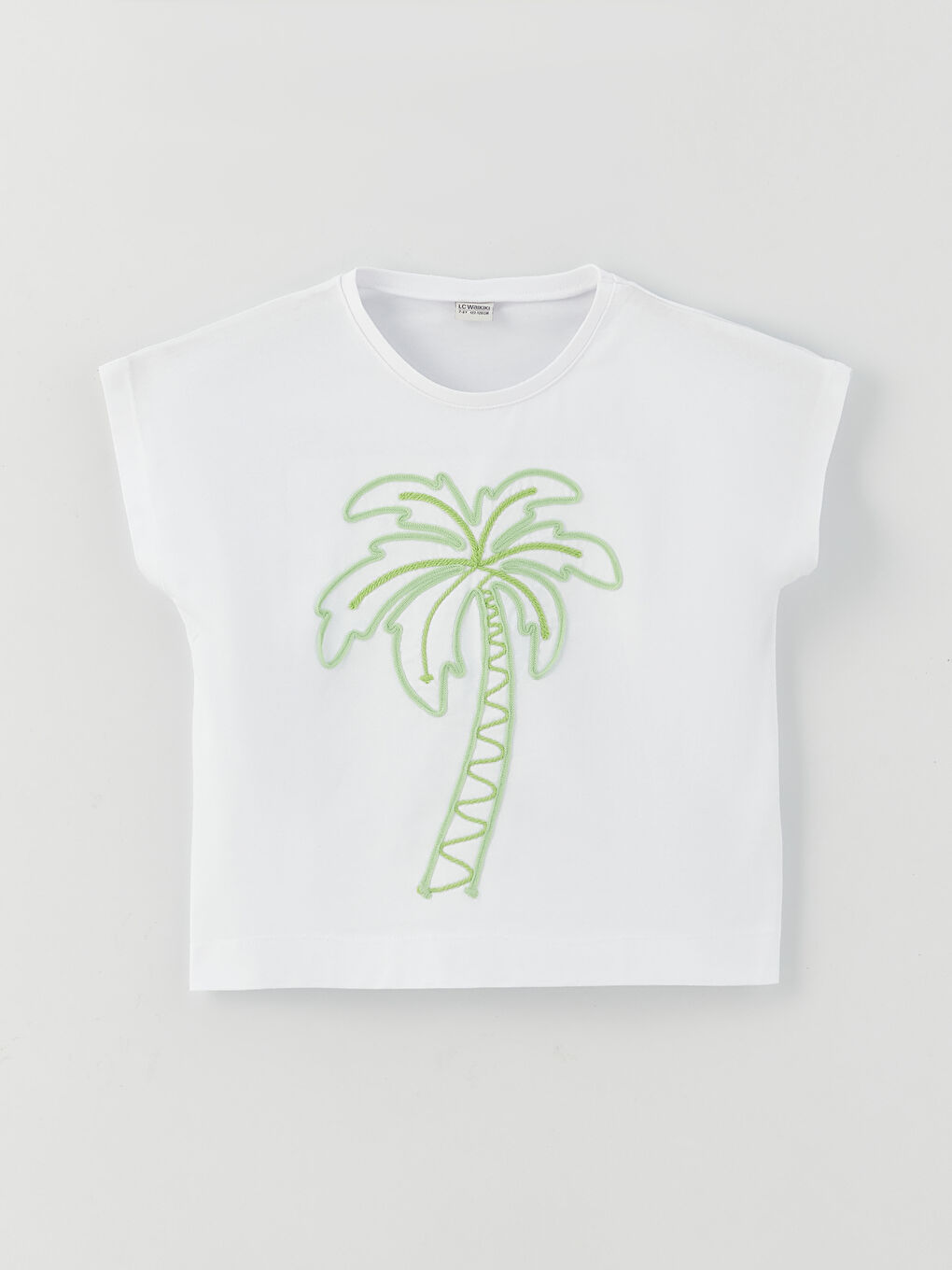 Beyaz Bisiklet Yaka Nakışlı Kısa Kollu Kız Çocuk Tişört