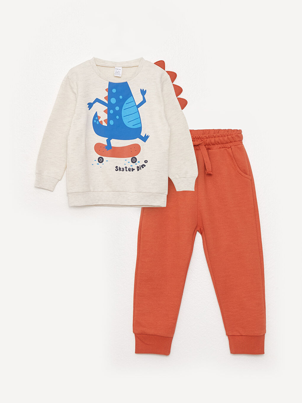 Beyaz Bisiklet Yaka Uzun Kollu Baskılı Erkek Bebek Sweatshirt ve Eşofman Alt 2'li Takım