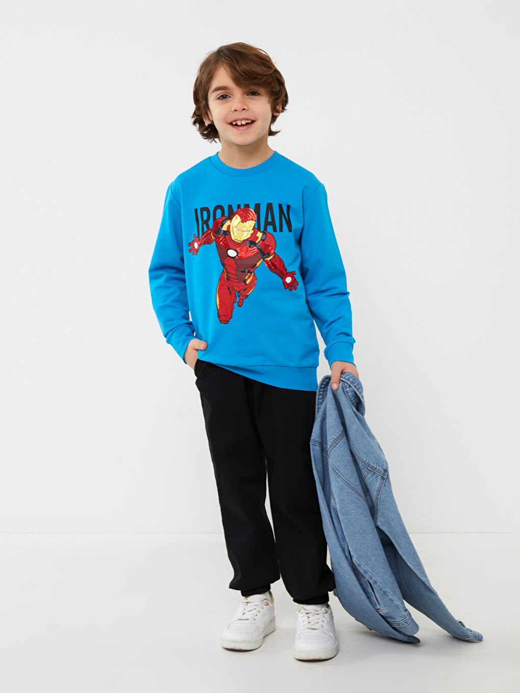 Crew Neck Iron Man Printed Long Sleeve Boy Sweatshirt -S38132Z4-GVU